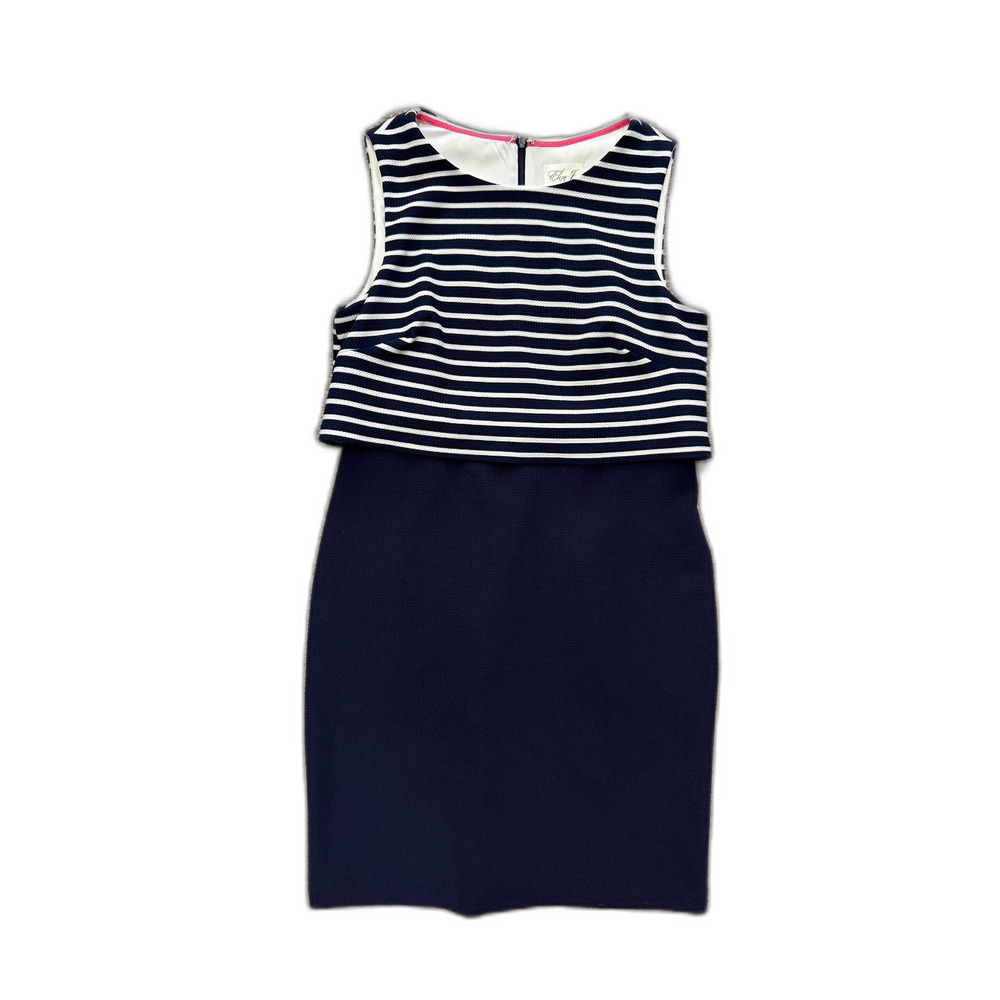 Eliza J | Overlay Dress Navy Blue Striped Sleeveless Dress Size 14 Sheath Pencil